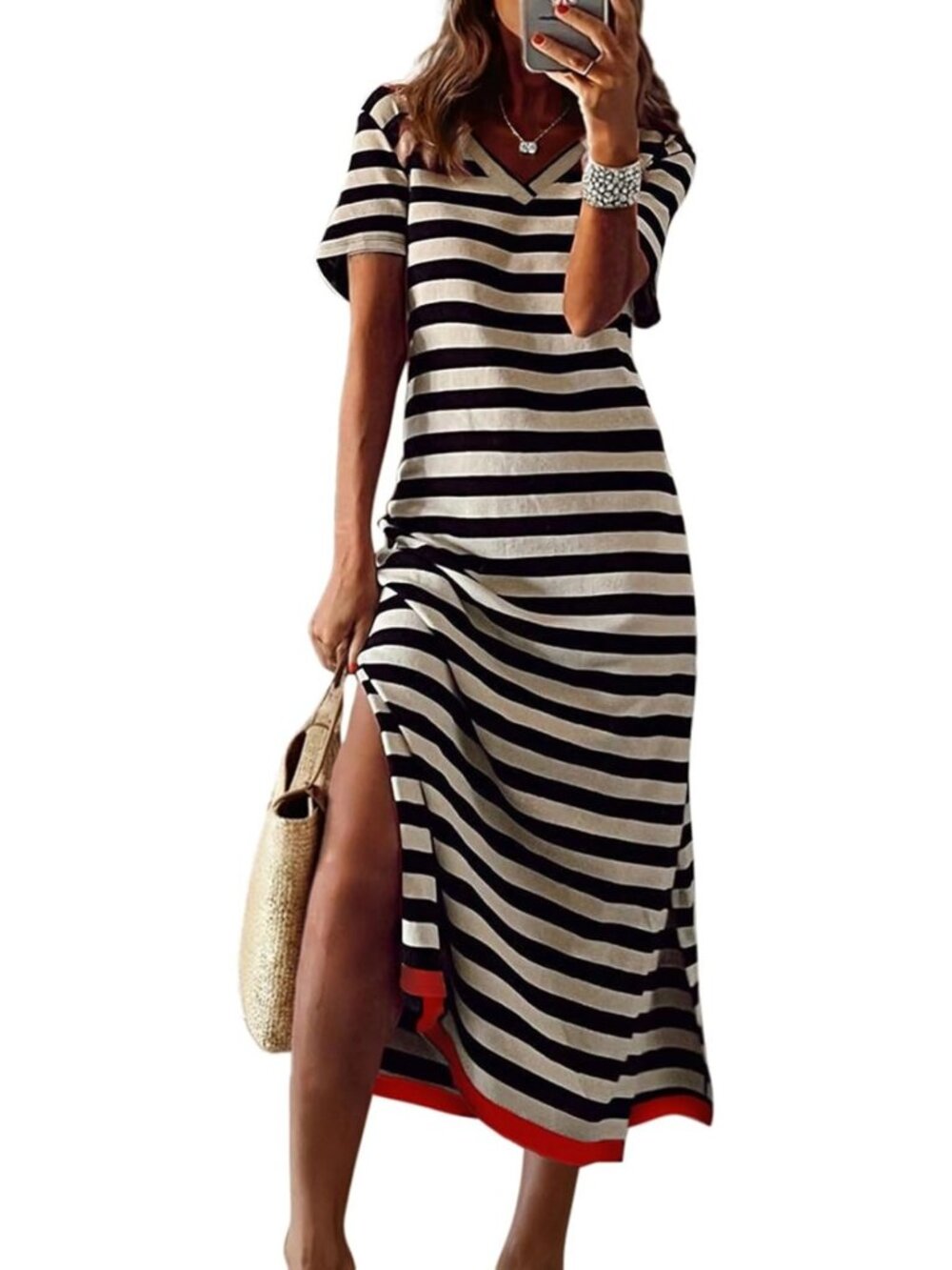 Stylish Women's Short Sleeve Maxi Dress - Striped Split T-Shirt Style, Casual
